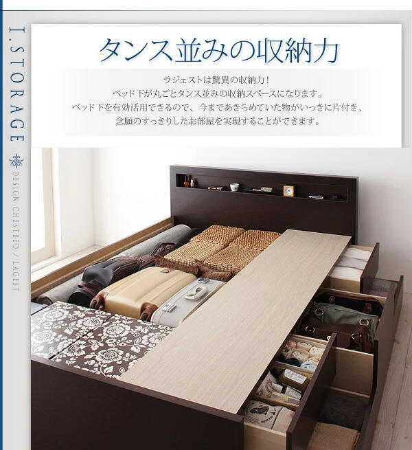 お客様組立 棚・コンセント付きチェストベッド Lagest ラジェスト ベッドフレームのみ シングル