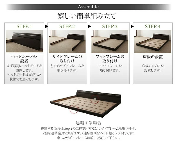 モダンライト・コンセント付き国産フロアベッド JOINT WIDE ジョイントワイド ベッドフレームのみ セミシングル
