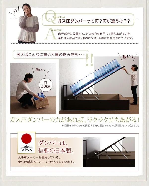 お客様組立 開閉タイプが選べるガス圧式跳ね上げ収納ベッド 夕月 ユフヅキ マルチラススーパースプリングマットレス付き 縦開き セミシングル 深さレギュラー