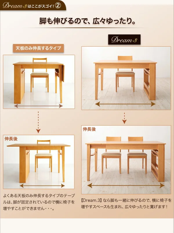 3段階に広がる!収納ラック付きエクステンションダイニング Dream.3 4点セット(テーブル+チェア2脚+ベンチ1脚) W120-180