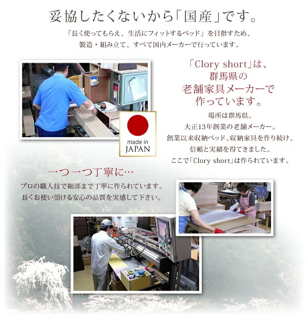 お客様組立 国産跳上げ収納ベッド Clory Short クローリーショート 薄型スタンダードボンネルコイルマットレス付き 横開き セミシングル ショート丈 深さラージ