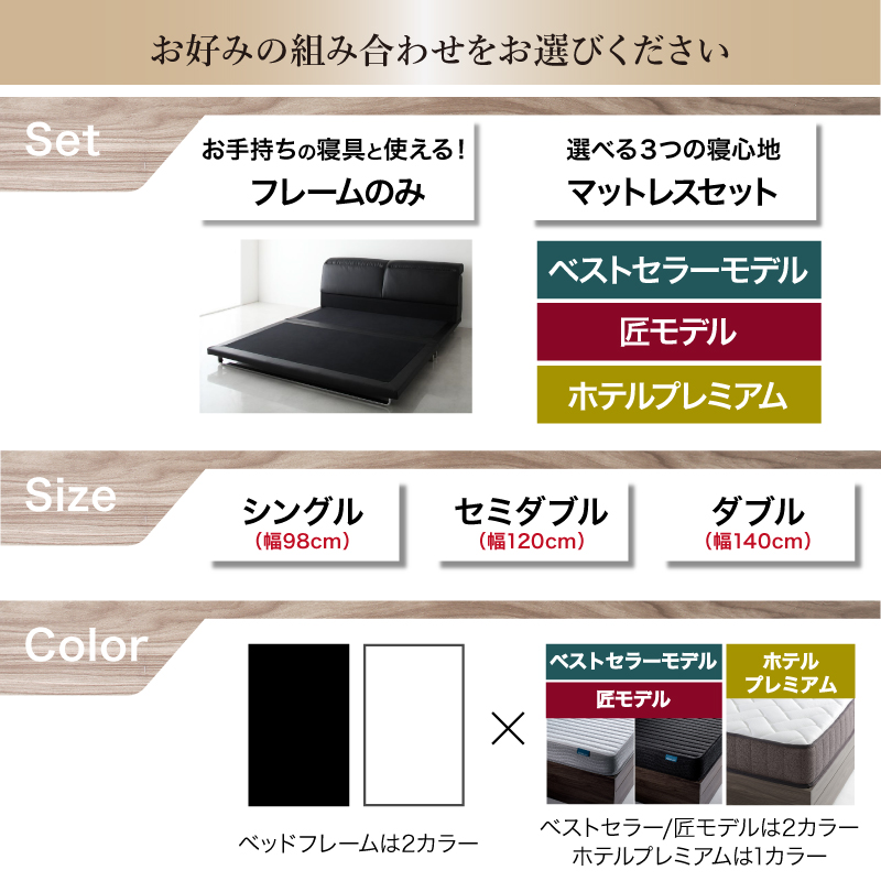 リクライニング機能付き・モダンデザインローベッド Plutone プルトーネ ベッドフレームのみ ダブル