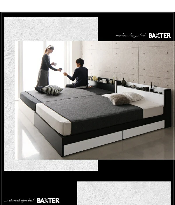 棚・コンセント・収納付き大型モダンデザインベッド BAXTER バクスター ベッドフレームのみ ワイドK200(S×2)