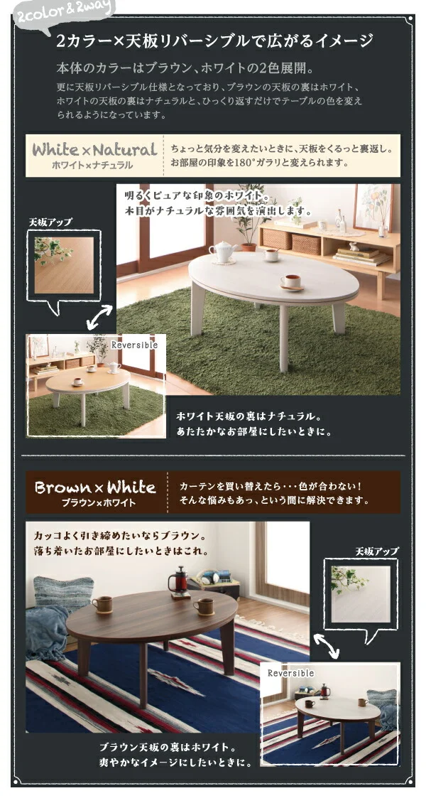 オーバル＆ラウンドデザイン天板リバーシブルこたつテーブル Paleta パレタ 円形(直径80cm)