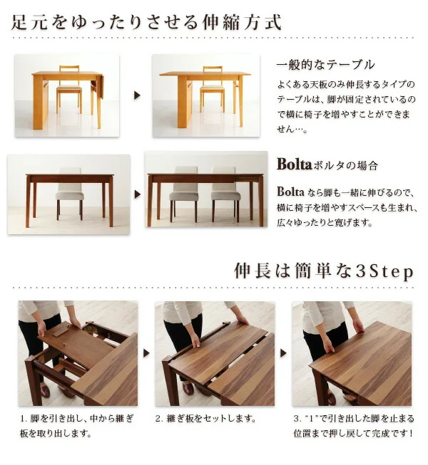 天然木ウォールナット材 伸縮式ダイニングセット Bolta ボルタ ダイニングテーブル W120-180