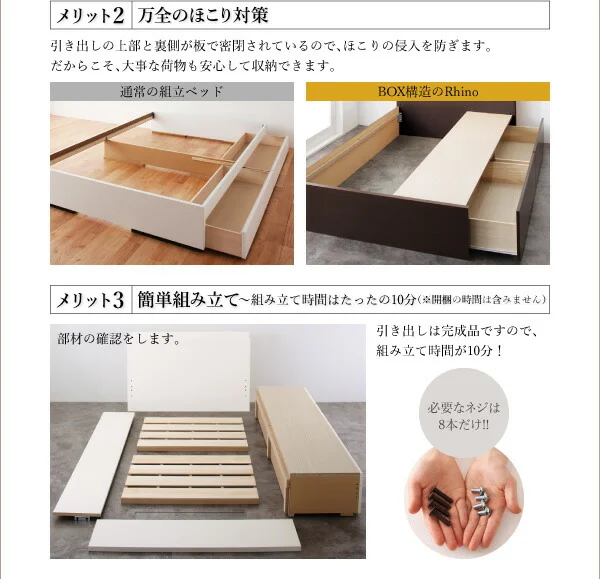 お客様組立 長く使える棚・コンセント付国産頑丈2杯収納ベッド Rhino ライノ ベッドフレームのみ シングル