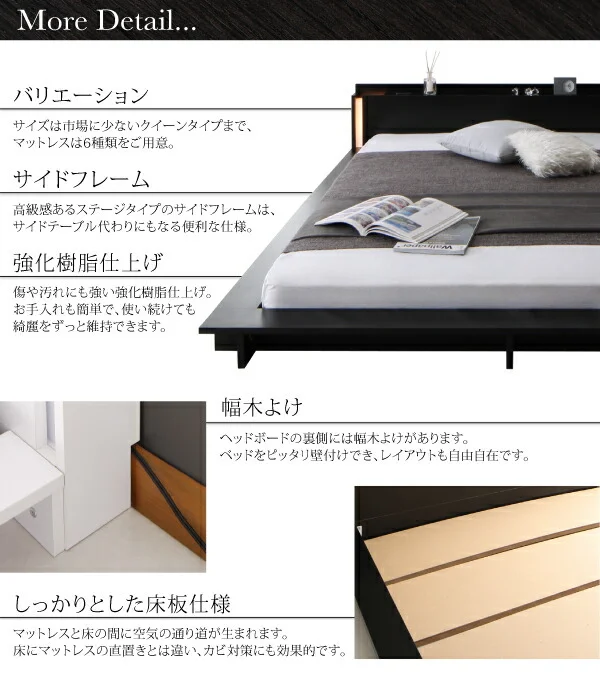 モダンライト・棚・コンセント付きデザインフロアローベッド SPERANZA スペランツァ ベッドフレームのみ シングル