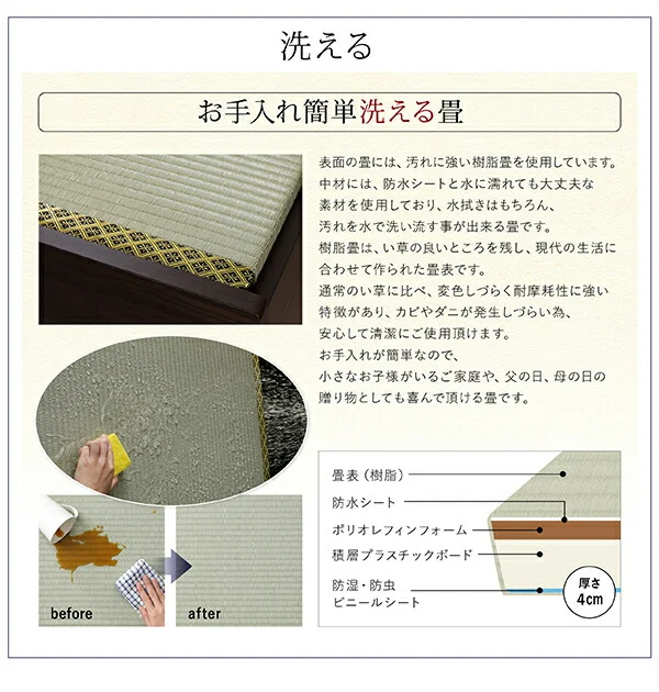 お客様組立 日本製・布団が収納できる大容量収納畳ベッド 悠華 ユハナ い草畳 シングル 42cm