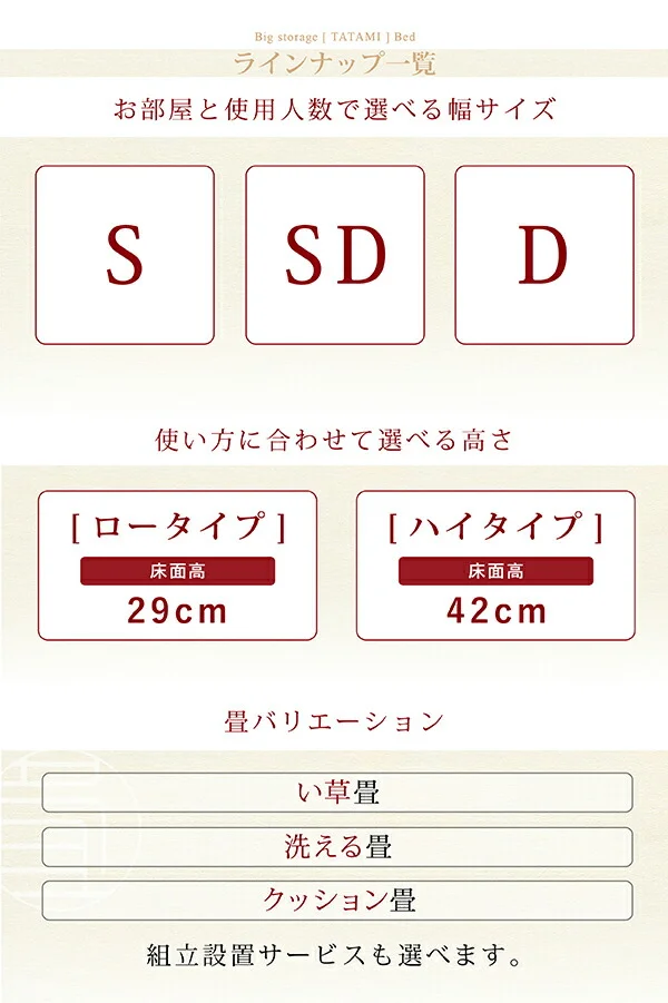 お客様組立 日本製・布団が収納できる大容量収納畳ベッド 悠華 ユハナ い草畳 シングル 42cm