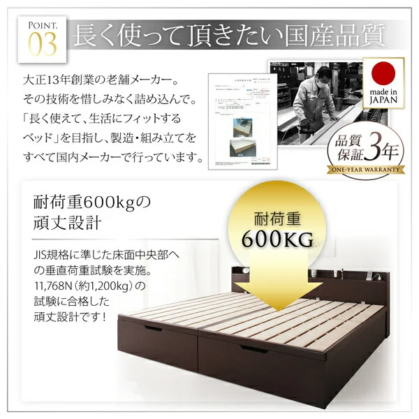 お客様組立 1台で3役使える 国産頑丈すのこ跳ね上げ式大容量収納ベッド Long force ロングフォルス セミシングル 深さレギュラー