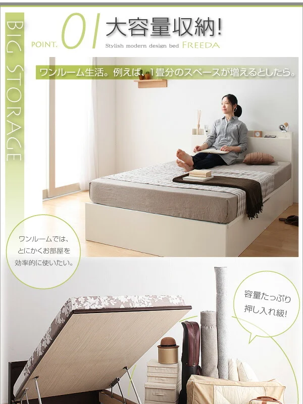 お客様組立 国産跳ね上げ収納ベッド Freeda フリーダ 薄型スタンダードボンネルコイルマットレス付き 横開き セミシングル 深さレギュラー