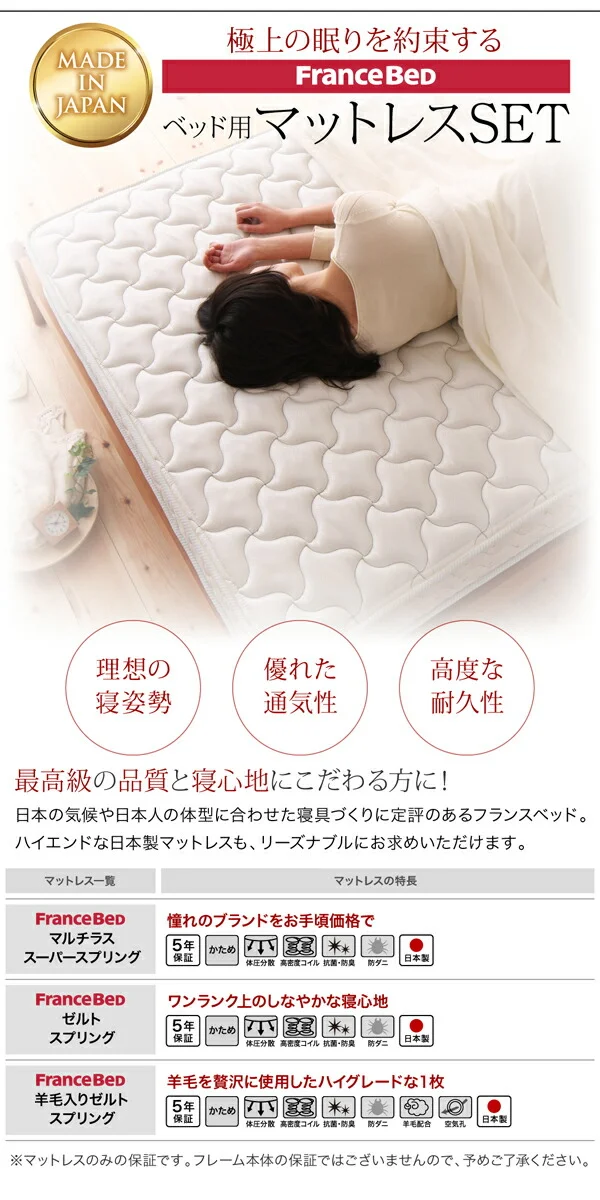 お客様組立 国産跳ね上げ収納ベッド Freeda フリーダ 薄型スタンダードボンネルコイルマットレス付き 横開き セミシングル 深さレギュラー