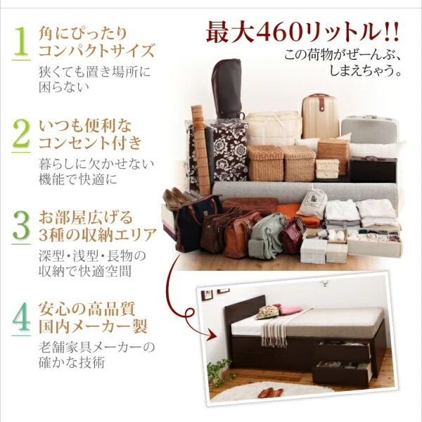 お客様組立 コンセント付き国産コンパクトチェスト収納ベッド Flumen フルーメン 薄型プレミアムボンネルコイルマットレス付き セミシングル ショート丈
