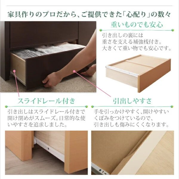 お客様組立 コンセント付き国産コンパクトチェスト収納ベッド Flumen フルーメン 薄型プレミアムボンネルコイルマットレス付き セミシングル ショート丈