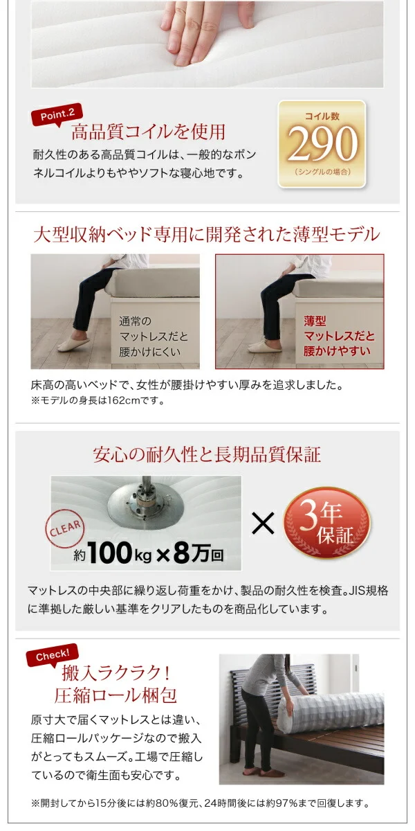 お客様組立 コンセント付き国産コンパクトチェスト収納ベッド Flumen フルーメン 薄型プレミアムボンネルコイルマットレス付き セミシングル ショート丈