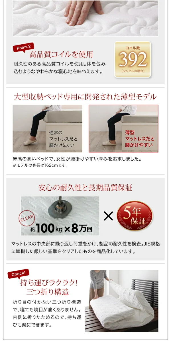お客様組立 コンセント付き国産コンパクトチェスト収納ベッド Flumen フルーメン 薄型プレミアムボンネルコイルマットレス付き セミシングル ショート丈
