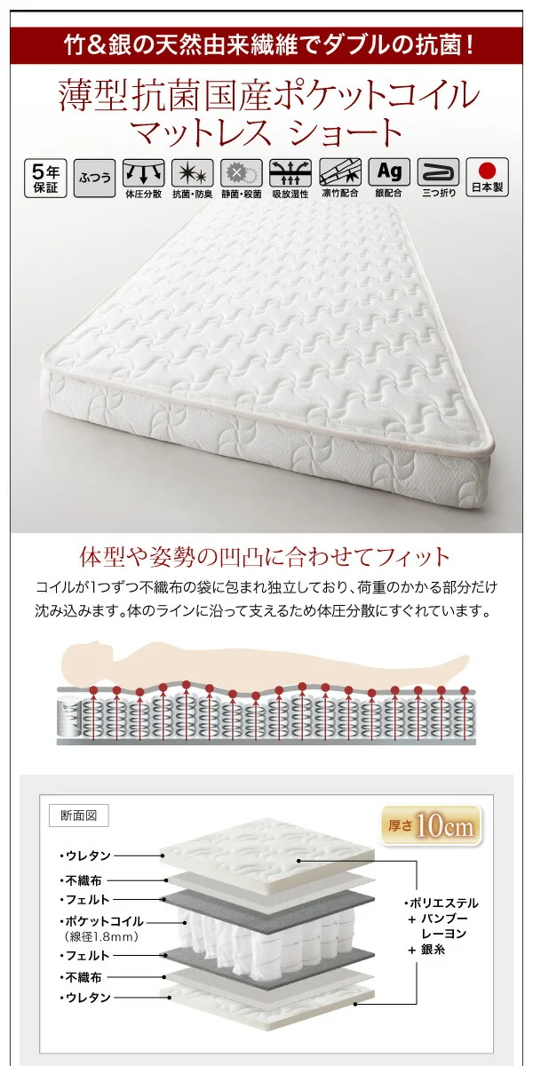 コンパクトロフトベッド Slimfit スリムフィット ベッドフレームのみ セミシングル ショート丈