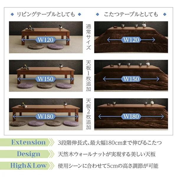 天然木ウォールナット材3段階伸長式こたつテーブル Widen-Wal ワイデンウォール こたつテーブル単品 長方形(80×120〜180cm)