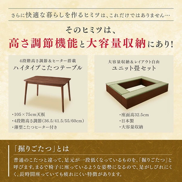 収納付きユニット畳掘りごたつシリーズ こたつテーブル 長方形(75×105cm)