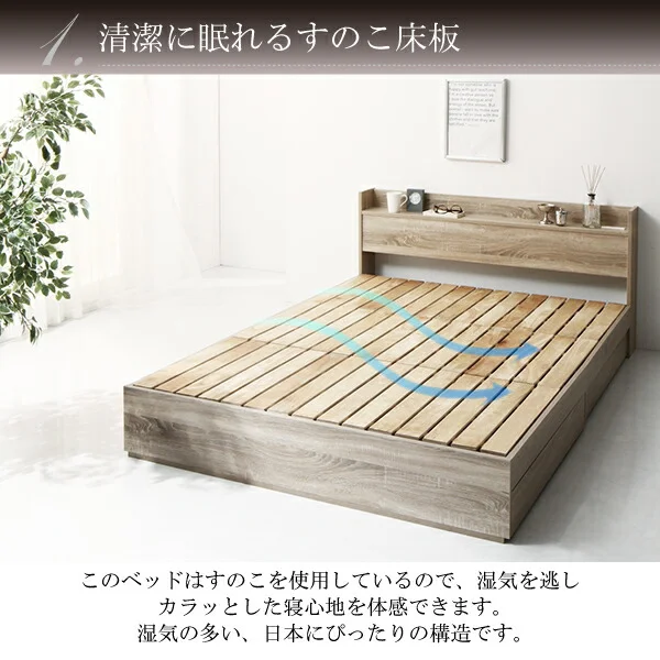 清潔に眠れる棚・コンセント付きすのこ収納ベッド Anela アネラ ベッドフレームのみ シングル