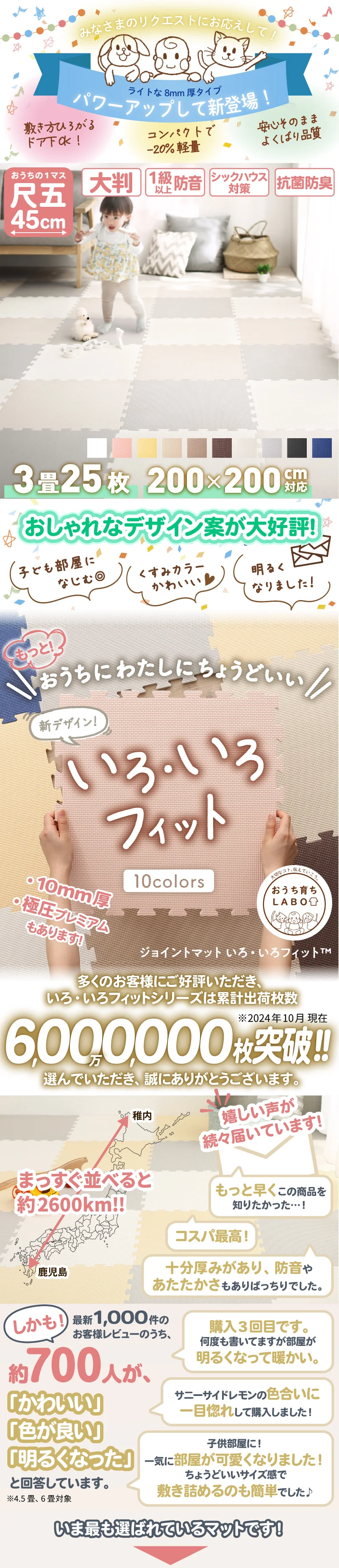 ジョイントマット いろ・いろフィット 45cm角 10mm厚 尺五 12枚 1.5畳