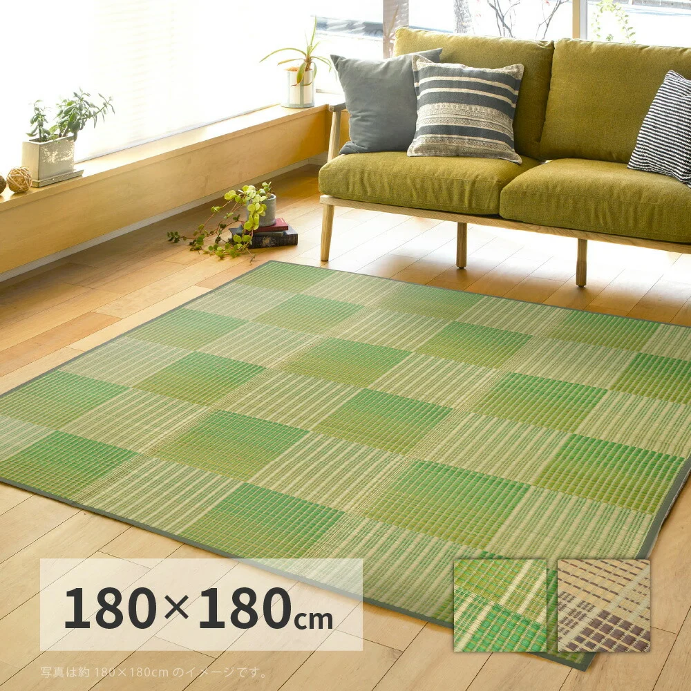 収納簡単 い草ふっくらラグ クレパス 180×180cm